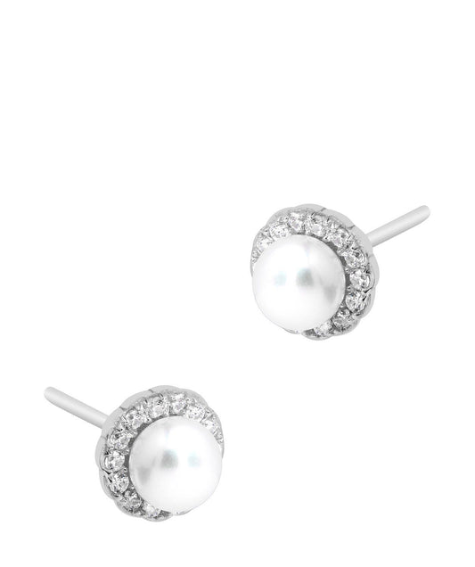 Gift Packaged 'Tara' Rhodium Plated 925 Silver & Freshwater Pearl with Cubic Zirconia Halo Stud Earrings