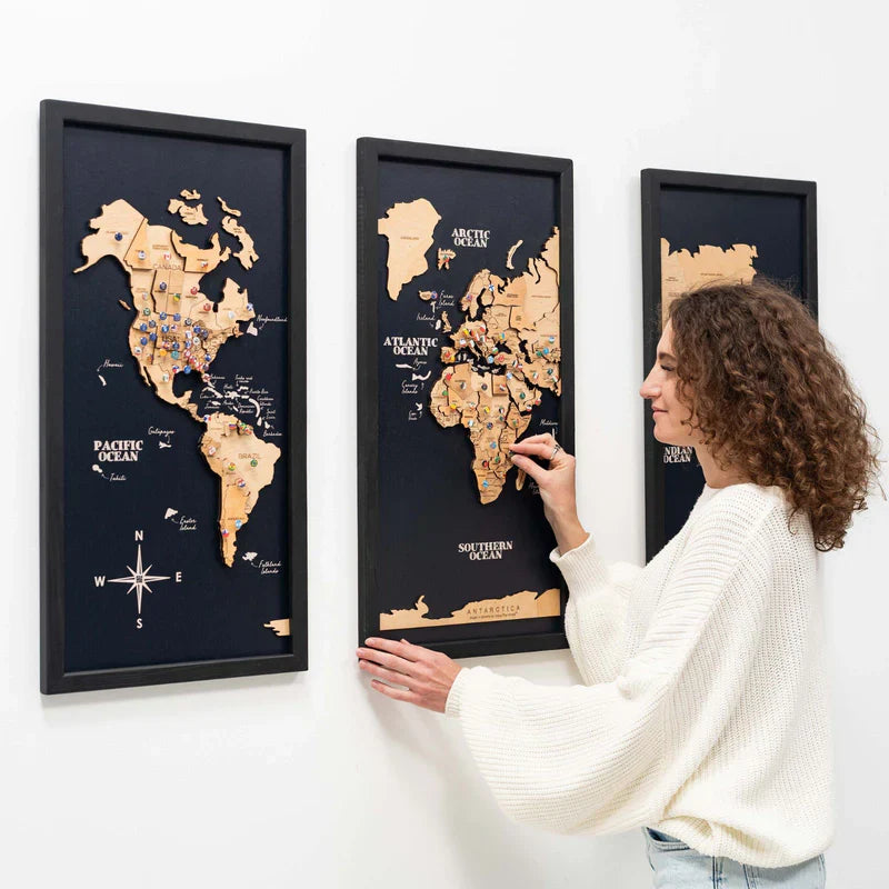 3D Wooden Triptych World Map